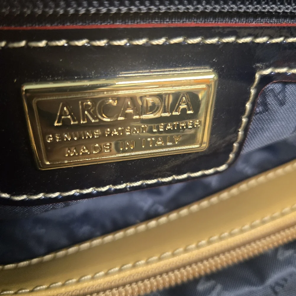 Patent Leather Tote Bag in Navy with Tan Accents